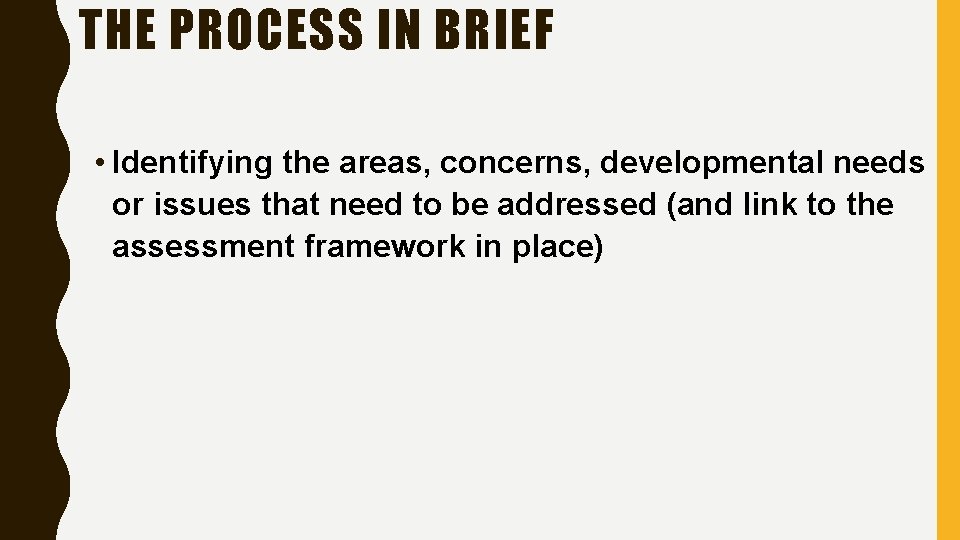 THE PROCESS IN BRIEF • Identifying the areas, concerns, developmental needs or issues that