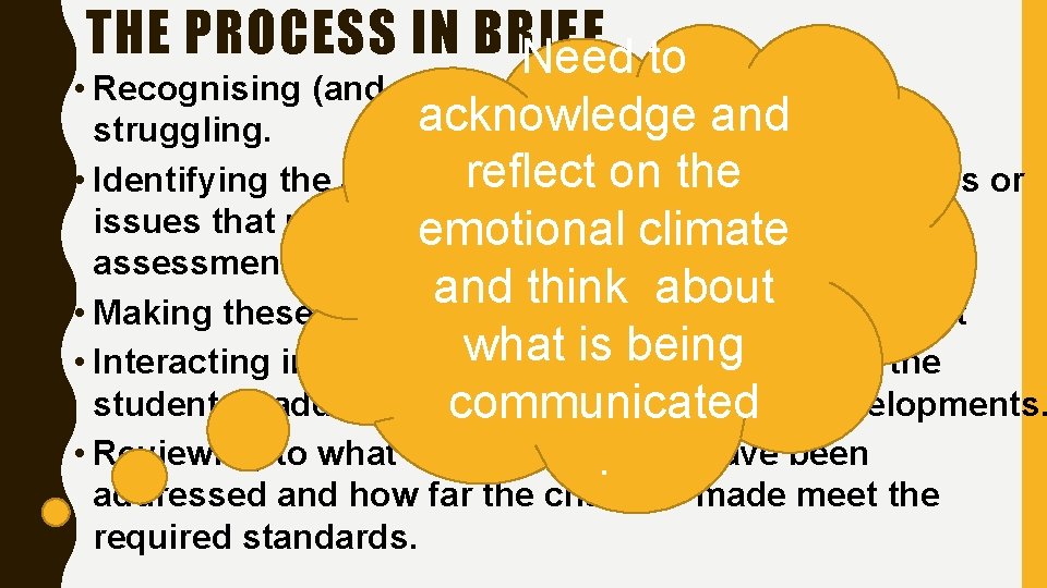 THE PROCESS IN BRIEF Need to • Recognising (and acknowledging) the student is acknowledge