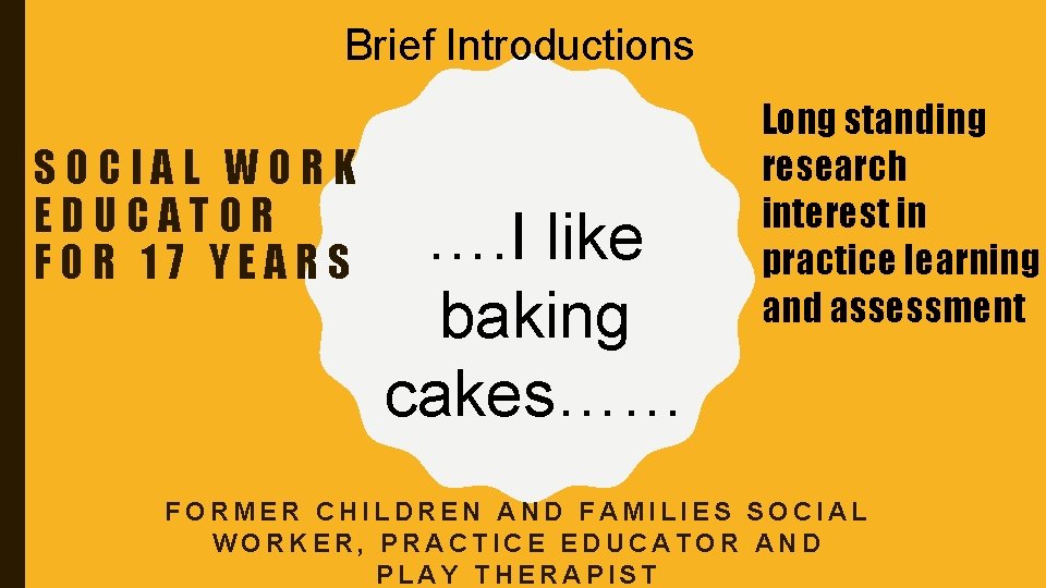 Brief Introductions SOCIAL WORK EDUCATOR FOR 17 YEARS …. I like baking cakes…… Long