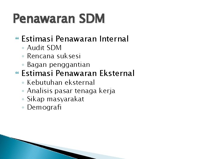 Penawaran SDM Estimasi Penawaran Internal ◦ Audit SDM ◦ Rencana suksesi ◦ Bagan penggantian Penawaran SDM Estimasi Penawaran Internal ◦ Audit SDM ◦ Rencana suksesi ◦ Bagan penggantian