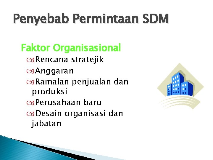 Penyebab Permintaan SDM Faktor Organisasional Rencana stratejik Anggaran Ramalan penjualan dan produksi Perusahaan baru Penyebab Permintaan SDM Faktor Organisasional Rencana stratejik Anggaran Ramalan penjualan dan produksi Perusahaan baru