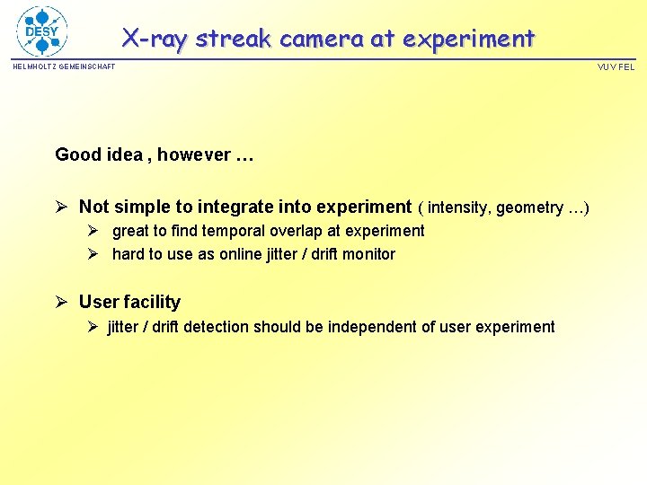 X-ray streak camera at experiment HELMHOLTZ GEMEINSCHAFT Good idea , however … Ø Not