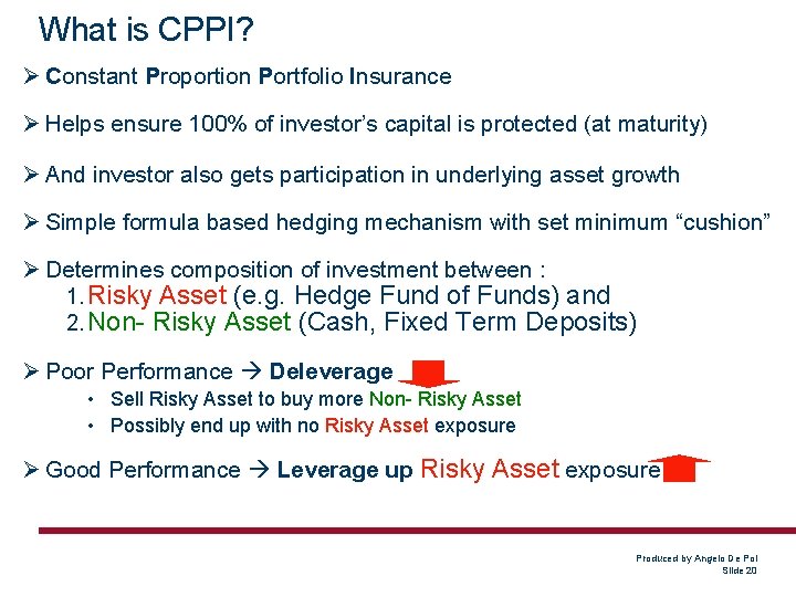 What is CPPI? Ø Constant Proportion Portfolio Insurance Ø Helps ensure 100% of investor’s