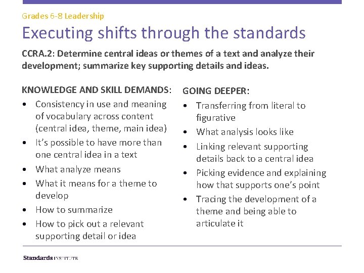 Grades 6 -8 Leadership Executing shifts through the standards CCRA. 2: Determine central ideas