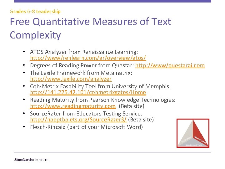 Grades 6 -8 Leadership Free Quantitative Measures of Text Complexity • ATOS Analyzer from