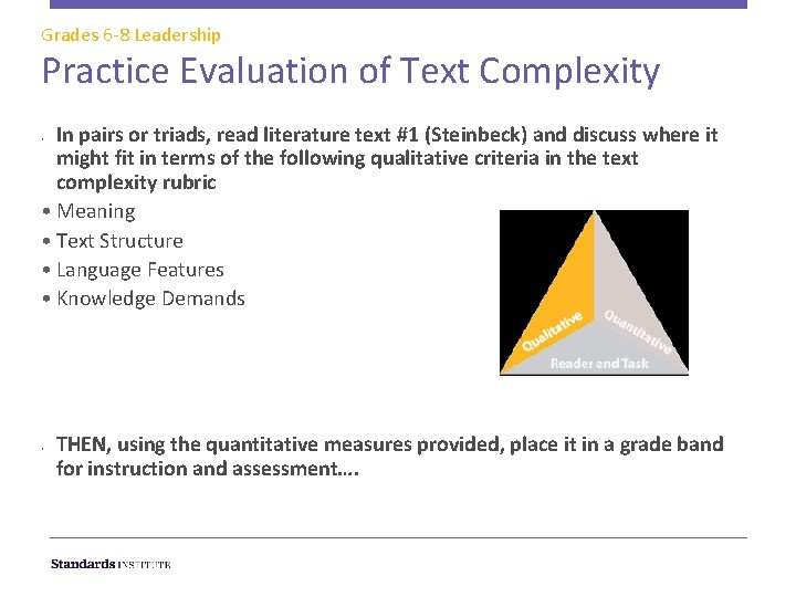 Grades 6 -8 Leadership Practice Evaluation of Text Complexity In pairs or triads, read