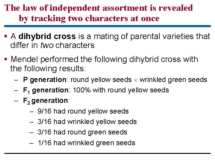 The law of independent assortment is revealed by tracking two characters at once A The law of independent assortment is revealed by tracking two characters at once A