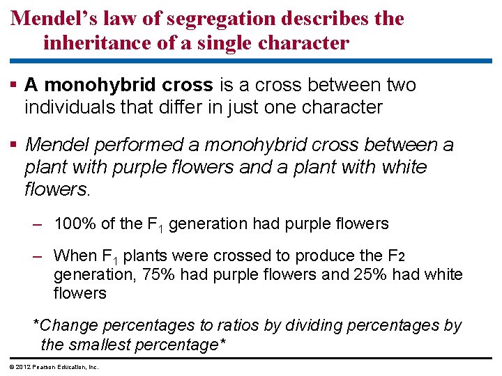 Mendel’s law of segregation describes the inheritance of a single character A monohybrid cross Mendel’s law of segregation describes the inheritance of a single character A monohybrid cross