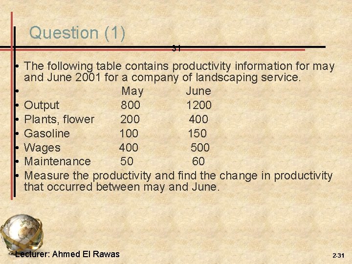 Question (1) 31 • The following table contains productivity information for may and June Question (1) 31 • The following table contains productivity information for may and June