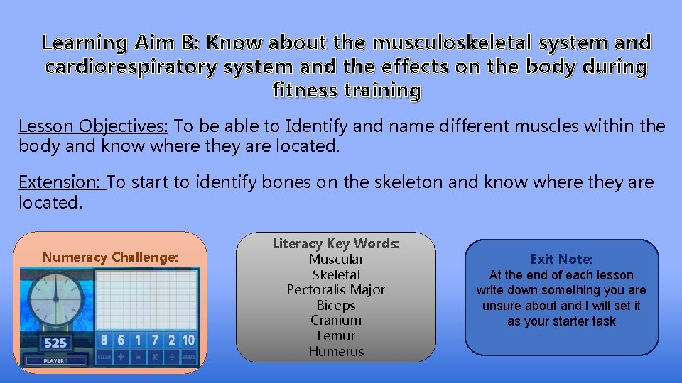 Learning Aim B: Know about the musculoskeletal system and cardiorespiratory system and the effects
