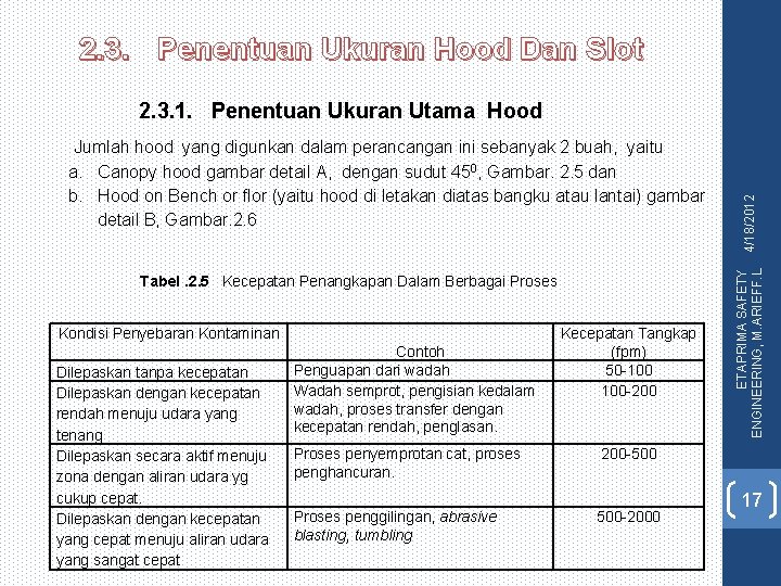 2. 3. Penentuan Ukuran Hood Dan Slot Jumlah hood yang digunkan dalam perancangan ini