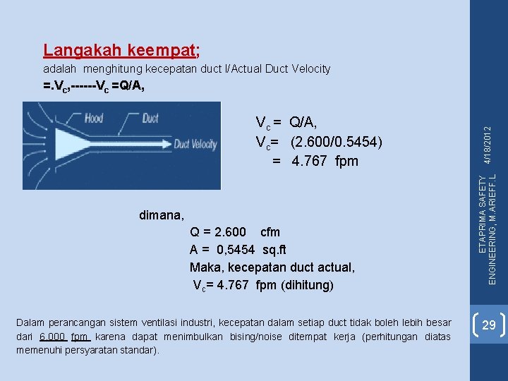 Langakah keempat; adalah menghitung kecepatan duct l/Actual Duct Velocity Vc = Q/A, Vc= (2. Langakah keempat; adalah menghitung kecepatan duct l/Actual Duct Velocity Vc = Q/A, Vc= (2.