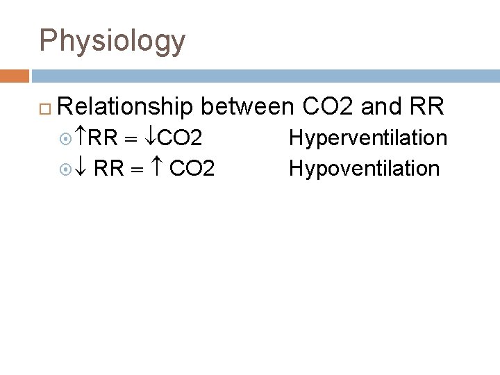 Physiology Relationship between CO 2 and RR CO 2 Hyperventilation Hypoventilation 