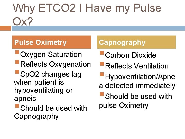 Why ETCO 2 I Have my Pulse Ox? Pulse Oximetry Capnography §Oxygen Saturation §Carbon