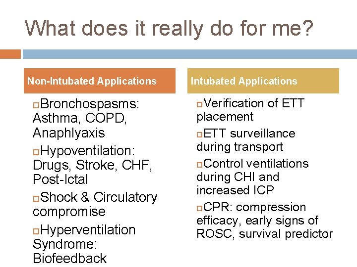 What does it really do for me? Non-Intubated Applications Bronchospasms: Asthma, COPD, Anaphlyaxis Hypoventilation: