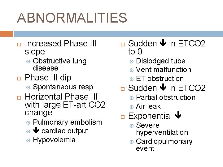 ABNORMALITIES Increased Phase III slope Obstructive lung disease Spontaneous resp Horizontal Phase III with