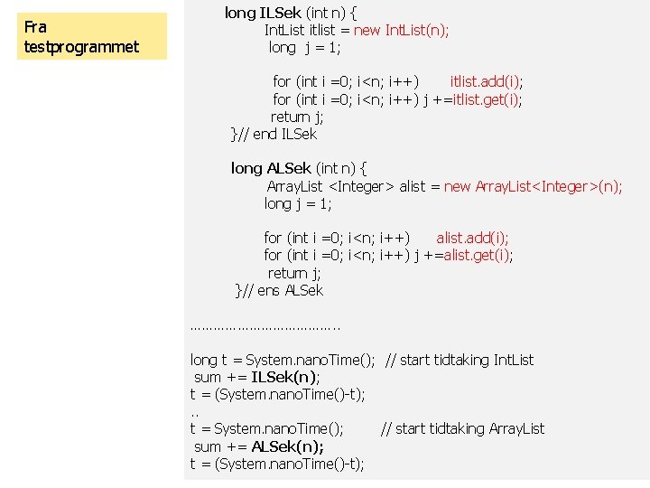 Fra testprogrammet long ILSek (int n) { Int. List itlist = new Int. List(n);