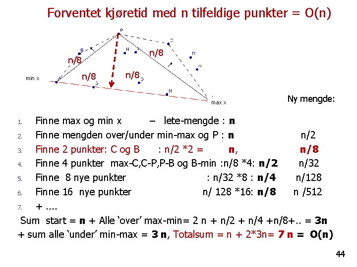 Forventet kjøretid med n tilfeldige punkter = O(n) n/8 min x n/8 max x