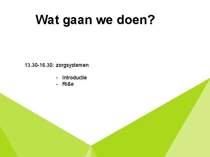 Wat gaan we doen? 13. 30 -16. 30: zorgsystemen - Introductie - Ri&e 