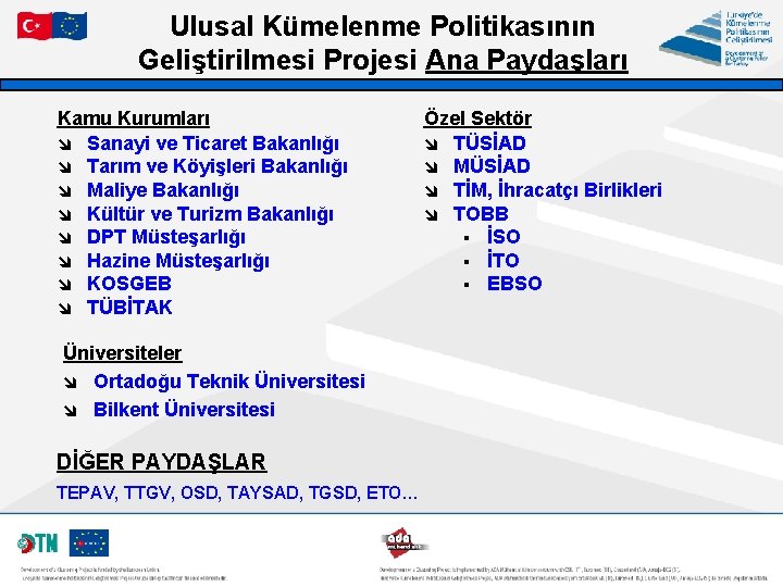 Ulusal Kümelenme Politikasının Geliştirilmesi Projesi Ana Paydaşları Kamu Kurumları î Sanayi ve Ticaret Bakanlığı