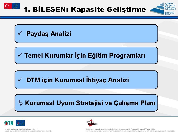 1. BİLEŞEN: Kapasite Geliştirme ü Paydaş Analizi ü Temel Kurumlar İçin Eğitim Programları ü