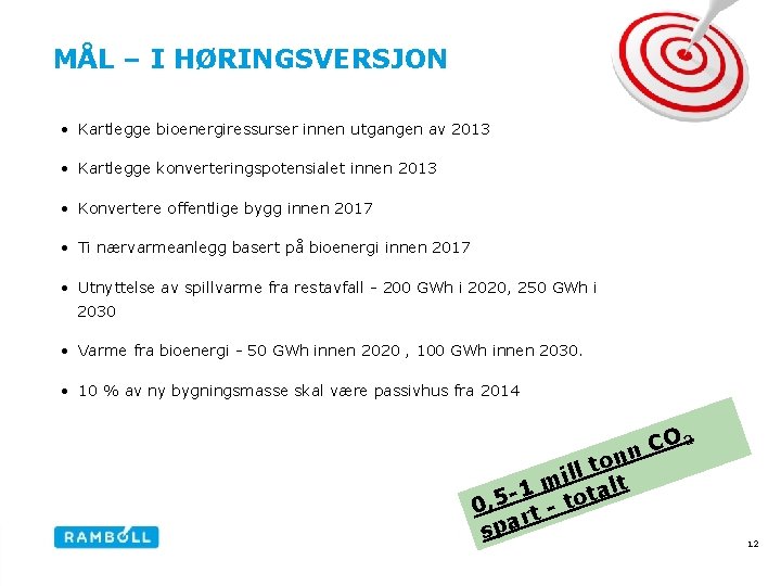MÅL – I HØRINGSVERSJON • Kartlegge bioenergiressurser innen utgangen av 2013 • Kartlegge konverteringspotensialet