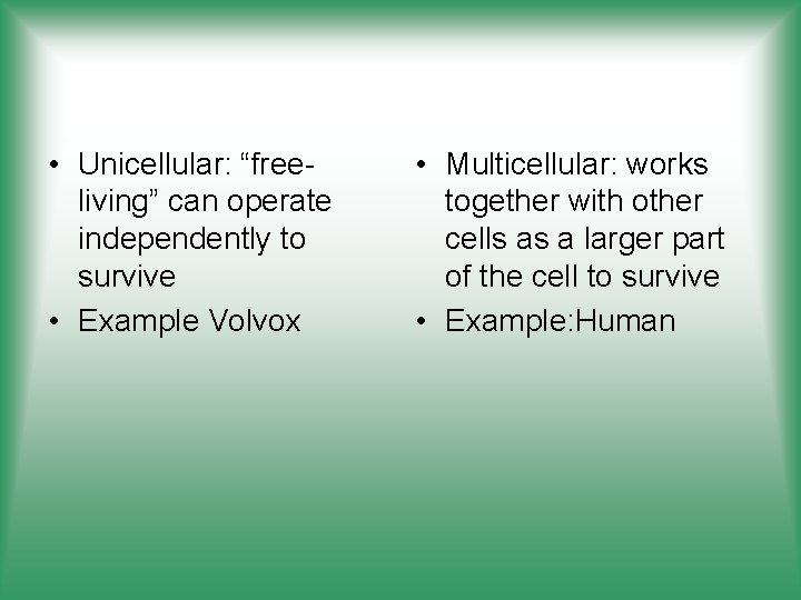  • Unicellular: “freeliving” can operate independently to survive • Example Volvox • Multicellular: