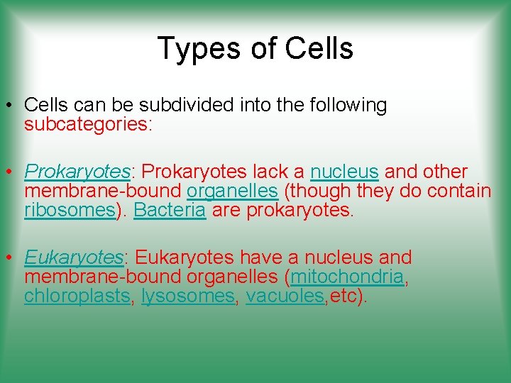 Types of Cells • Cells can be subdivided into the following subcategories: • Prokaryotes: