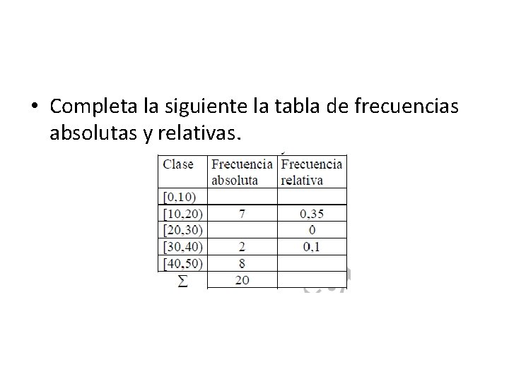  • Completa la siguiente la tabla de frecuencias absolutas y relativas. 
