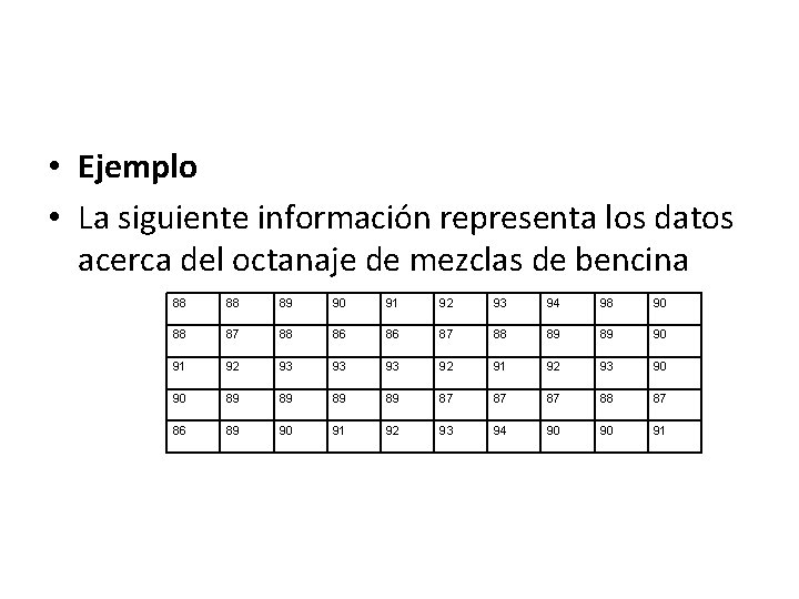  • Ejemplo • La siguiente información representa los datos acerca del octanaje de