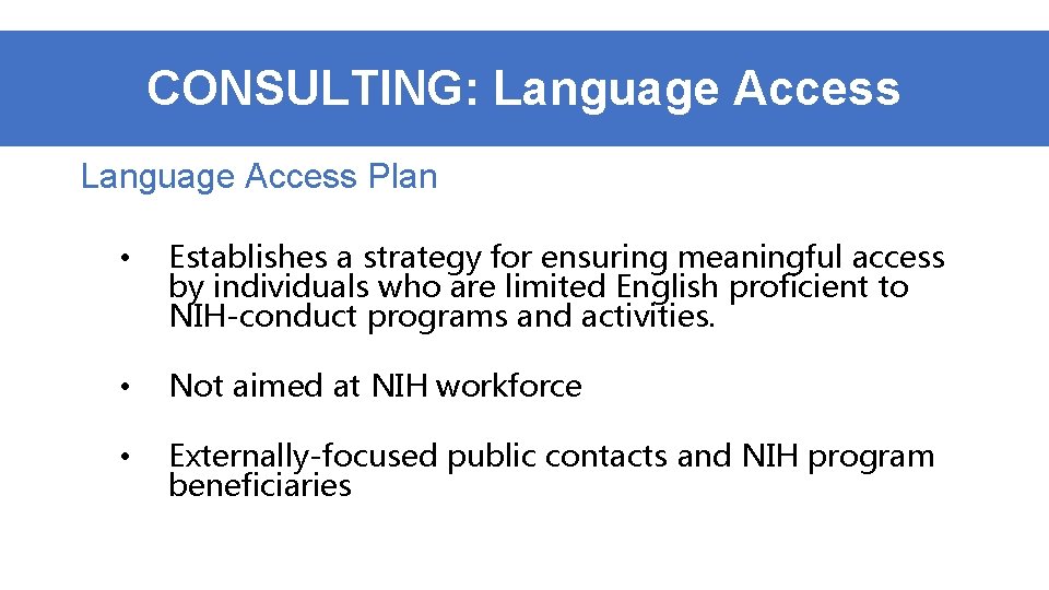 CONSULTING: Language Access Plan • Establishes a strategy for ensuring meaningful access by individuals