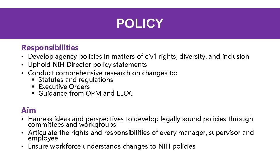 POLICY Responsibilities • Develop agency policies in matters of civil rights, diversity, and inclusion