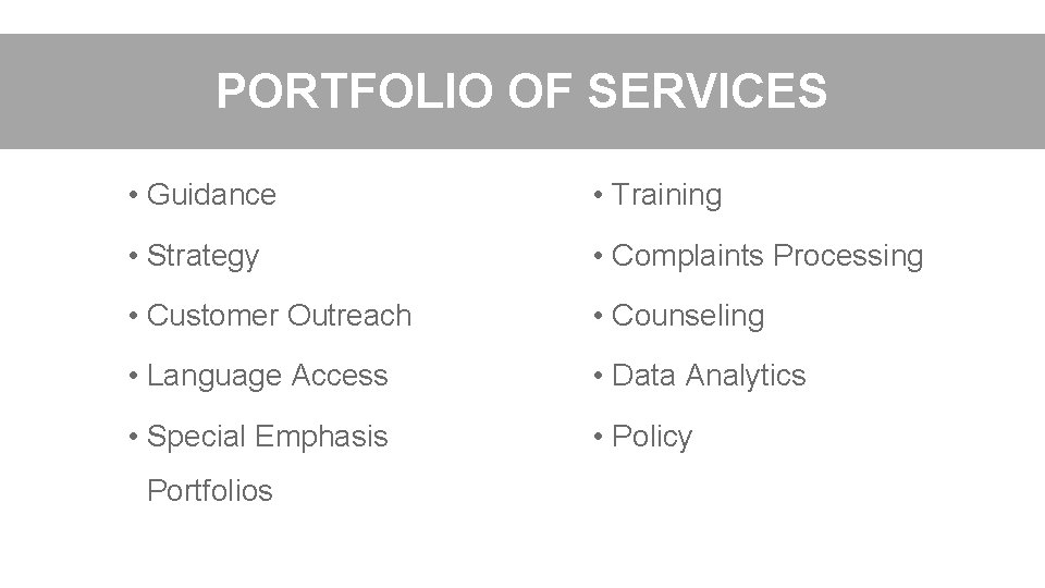 PORTFOLIO OF SERVICES • Guidance • Training • Strategy • Complaints Processing • Customer