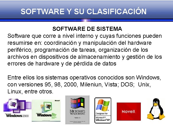 SOFTWARE Y SU CLASIFICACIÓN SOFTWARE DE SISTEMA Software que corre a nivel interno y