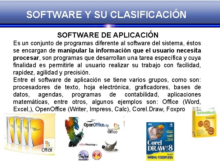SOFTWARE Y SU CLASIFICACIÓN SOFTWARE DE APLICACIÓN Es un conjunto de programas diferente al