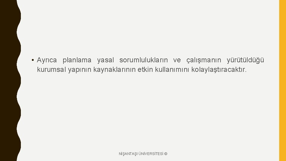  • Ayrıca planlama yasal sorumlulukların ve çalışmanın yürütüldüğü kurumsal yapının kaynaklarının etkin kullanımını