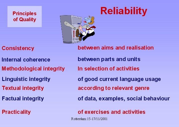 Principles of Quality Reliability Consistency between aims and realisation Internal coherence between parts and