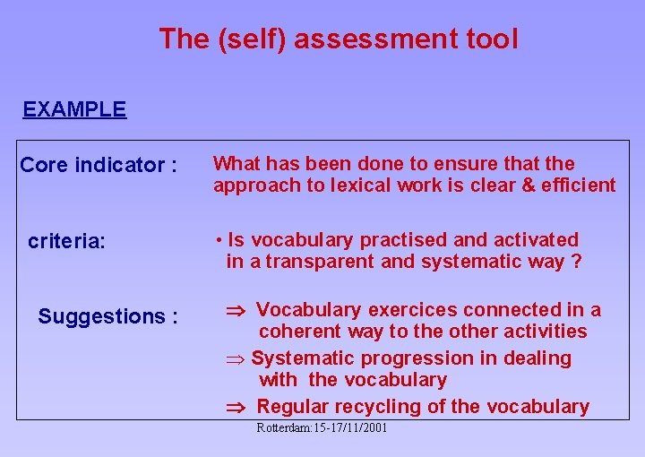 The (self) assessment tool EXAMPLE Core indicator : criteria: Suggestions : What has been