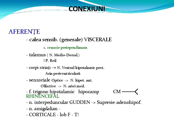 CONEXIUNI AFERENŢE - calea sensib. (generale) VISCERALE s. cenusie periependimara - talamus ( N.