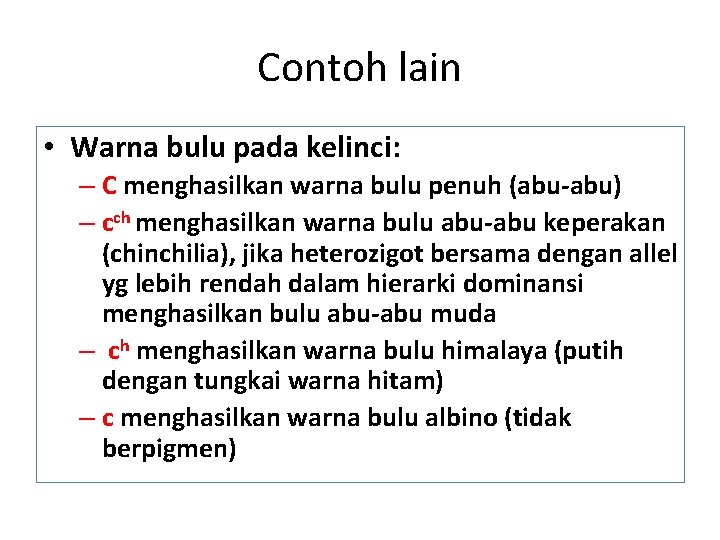 Contoh lain • Warna bulu pada kelinci: – C menghasilkan warna bulu penuh (abu-abu)