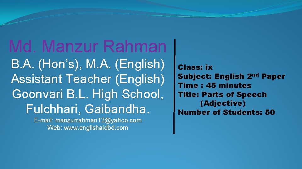 Md. Manzur Rahman B. A. (Hon’s), M. A. (English) Assistant Teacher (English) Goonvari B.