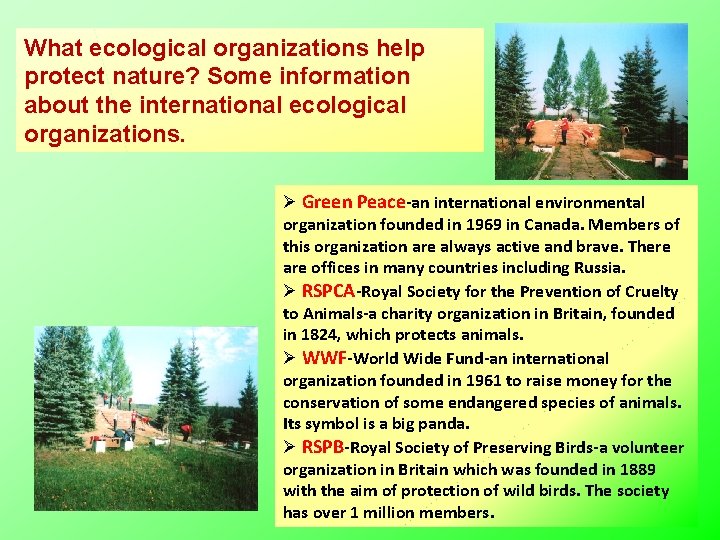 What ecological organizations help protect nature? Some information about the international ecological organizations. Ø