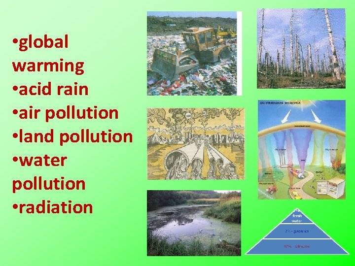  • global warming • acid rain • air pollution • land pollution •