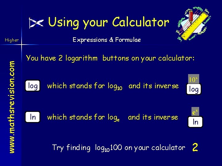 Using your Calculator Expressions & Formulae www. mathsrevision. com Higher You have 2 logarithm