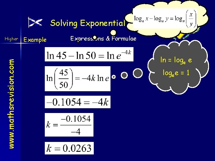 Solving Exponential Equations www. mathsrevision. com Higher Example Expressions & Formulae ln = loge