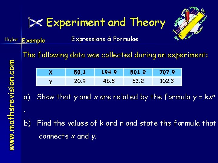 Experiment and Theory Higher Expressions & Formulae Example www. mathsrevision. com The following data