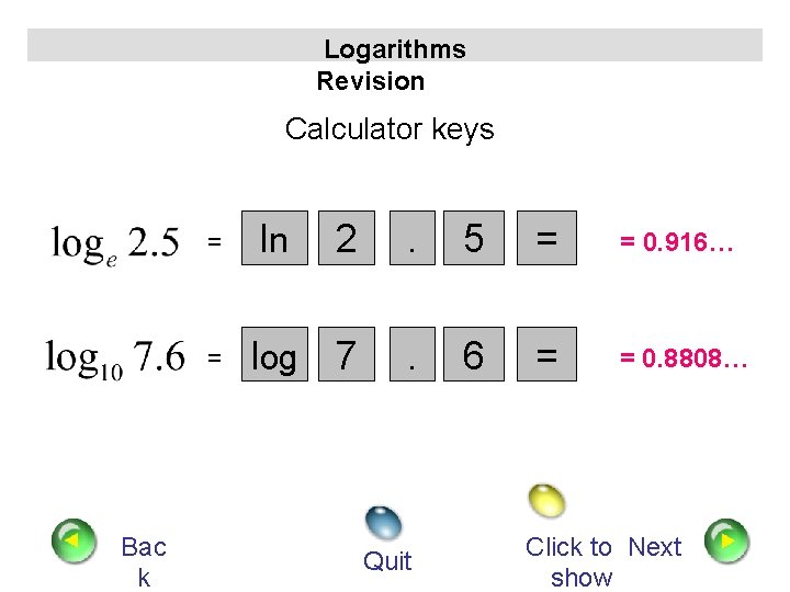 Logarithms Revision Calculator keys = = Bac k ln 2 . 5 = =