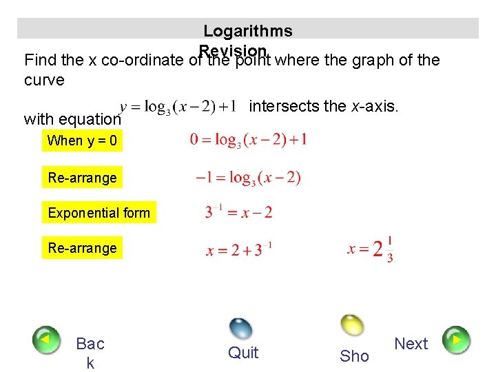 Logarithms Revision Find the x co-ordinate of the point where the graph of the