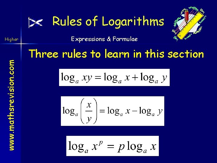 Rules of Logarithms www. mathsrevision. com Higher Expressions & Formulae Three rules to learn