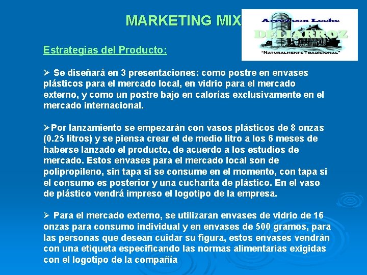 MARKETING MIX Estrategias del Producto: Ø Se diseñará en 3 presentaciones: como postre en